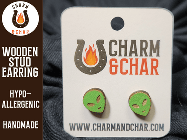 Alien Wood Stud Earrings - Aviation Enthusiast Fashion Earring - Stud Earring - Charm and Char